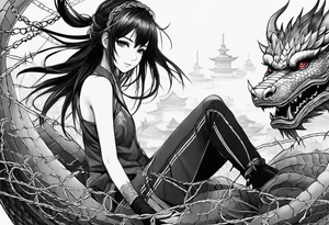 an anime girl, sitting on a ball, surrounded by barbed wire and asian dragon tattoo idea