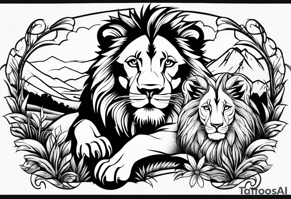 shoulder sleeve with lion and cub, landscape background tattoo idea