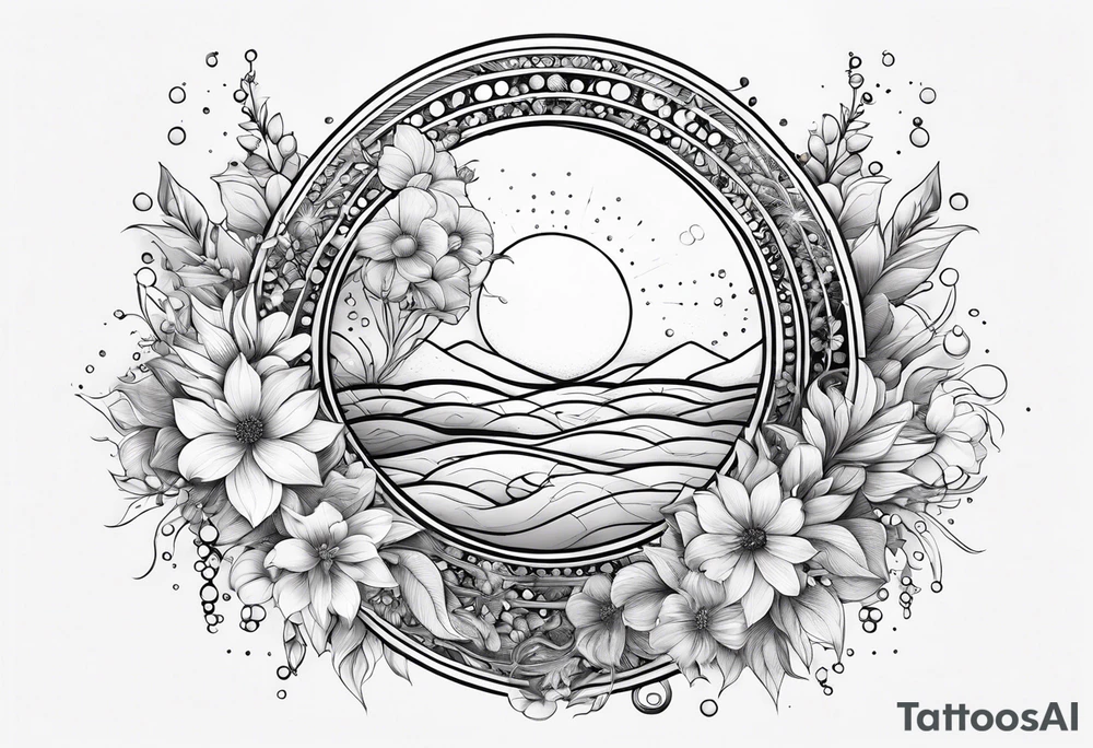 Water element, with half a sun, some flowers and water dots , long shape tattoo idea