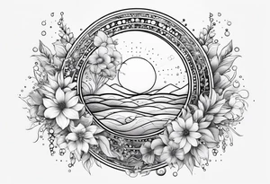 Water element, with half a sun, some flowers and water dots , long shape tattoo idea