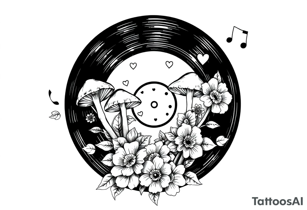 vinyl record with mushrooms, flowers, hearts, and music notes tattoo idea