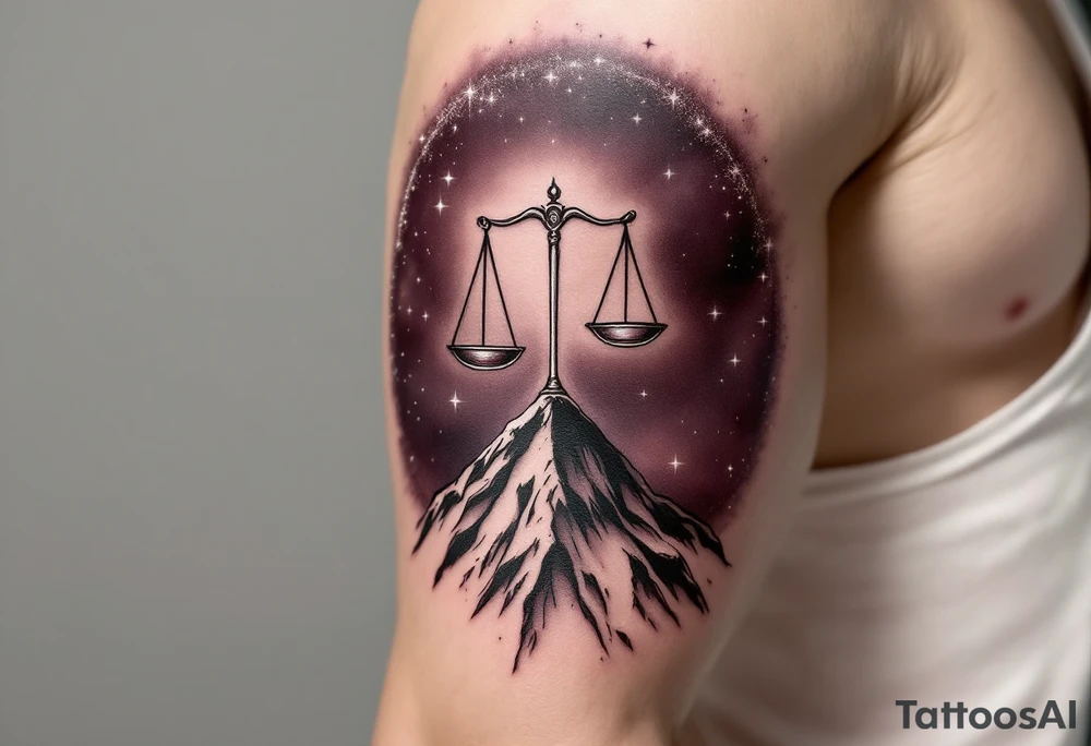 A fine-line scale balances on the arc of the Libra star constellation rendered in shimmering silver on dark plum. tattoo idea