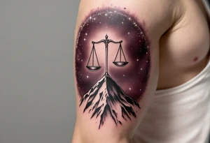 A fine-line scale balances on the arc of the Libra star constellation rendered in shimmering silver on dark plum. tattoo idea
