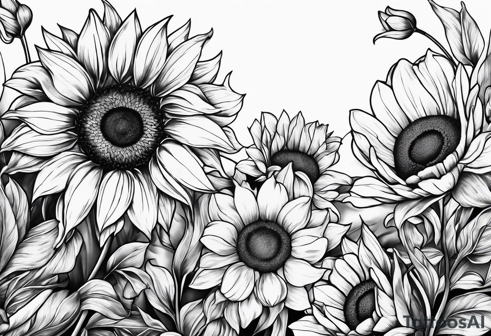 Sunflowers, tulips and forsythia tattoo idea