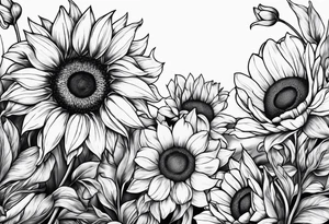Sunflowers, tulips and forsythia tattoo idea