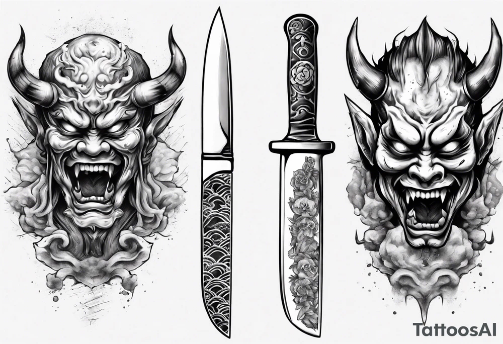 Knife with Japanese demon coming out of the blade tattoo idea