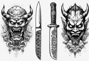 Knife with Japanese demon coming out of the blade tattoo idea