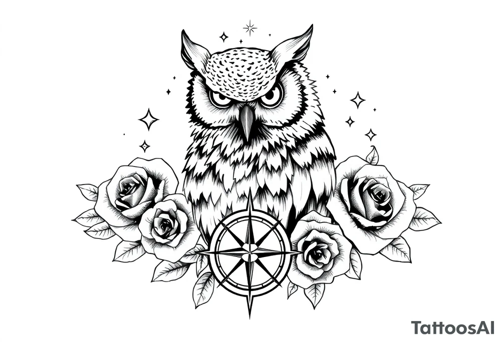 an owl,compass,roses,stars. tattoo idea