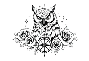 an owl,compass,roses,stars. tattoo idea
