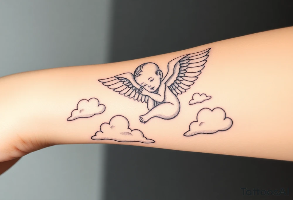 Winged baby, clouds tattoo idea
