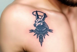 An Anubis with a Halo – Blending Egyptian mythology with Christian spirituality, symbolizing protection and righteousness. tattoo idea