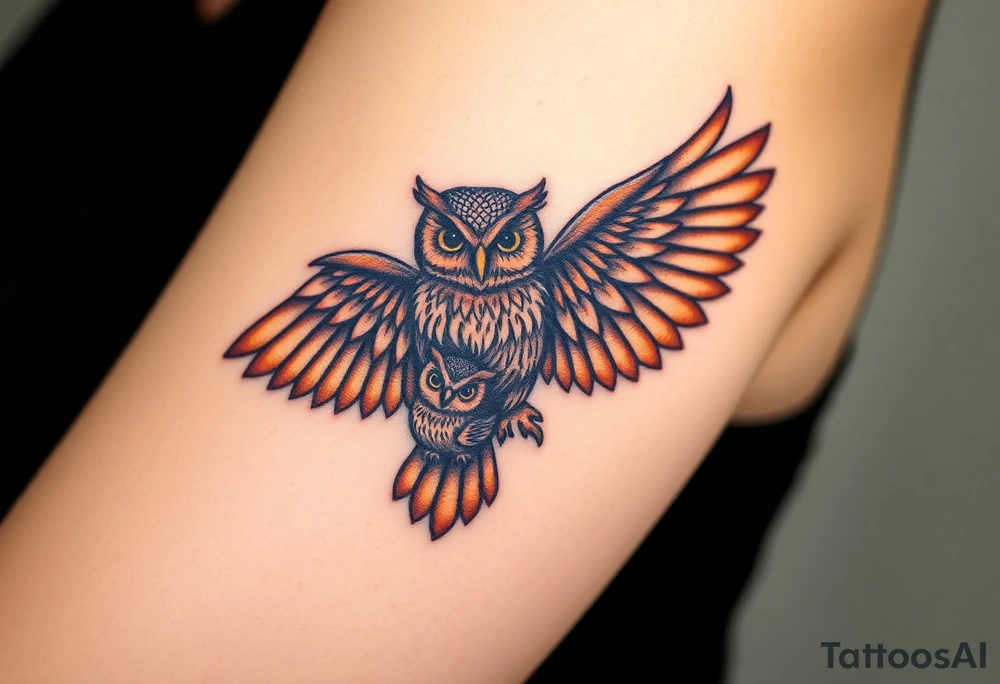 A mother owl spreading her wings next to her baby, with intricate feather detailing in deep brown and golden hues, symbolizing wisdom and protection tattoo idea