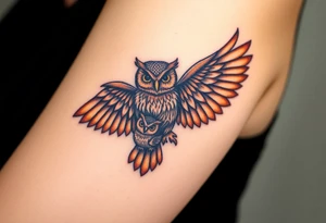 A mother owl spreading her wings next to her baby, with intricate feather detailing in deep brown and golden hues, symbolizing wisdom and protection tattoo idea