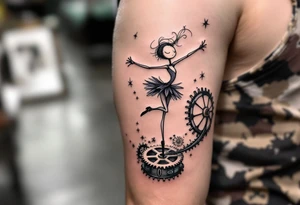 Tim Burton’s lanky ballerina dances on cracked music box gears in muted purples and pale grays. tattoo idea