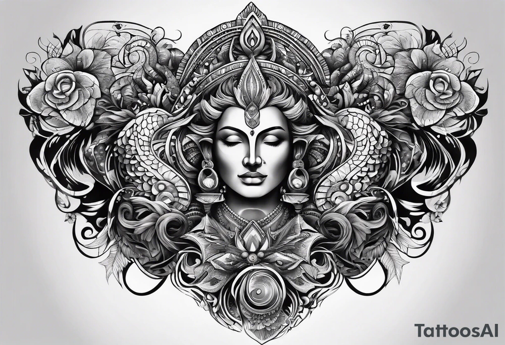Men's chest tatto with two psychedelic entities facing each other tattoo idea