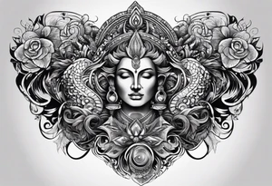 Men's chest tatto with two psychedelic entities facing each other tattoo idea