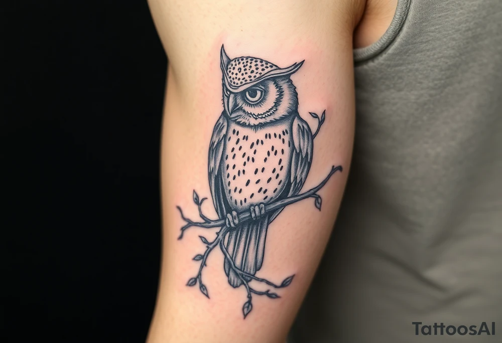 wise owl perched on branch with vine crawling and wrapping around the owl to where you can only see owls one eye peeking through tattoo idea