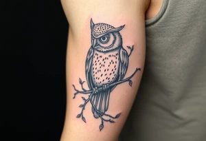 wise owl perched on branch with vine crawling and wrapping around the owl to where you can only see owls one eye peeking through tattoo idea