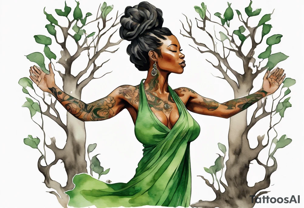 a tree trunk with roots that is a beautiful black woman from the waist up, arms reaching up to the sun, wearing a green tunic tattoo idea