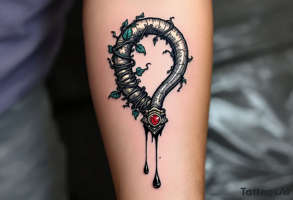 The Cursed Hook – A metal pirate hook hand, wrapped in dark green vines and black tendrils, with a single ruby embedded in the wristpiece. The hook drips with ink-black liquid, symbolizing an ancient curse. tattoo idea