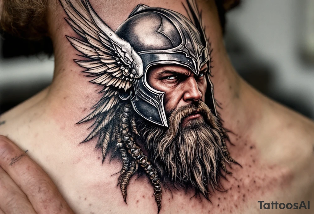 A portrait of Thor wearing a detailed winged helmet, his beard braided with small metallic rings, in hyper-realism with silver and dark brown tones. tattoo idea