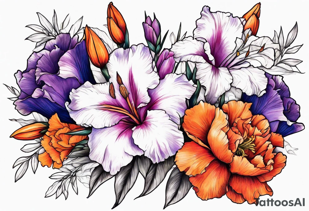 floral tattoo of purple gladiolus flowers, pink peonies, red hawthorns, orange marigold, navy blue sweet peas, and white paper white narcissus tattoo idea