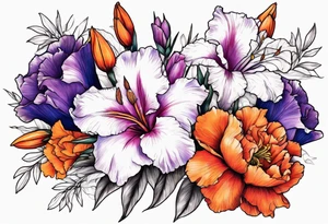 floral tattoo of purple gladiolus flowers, pink peonies, red hawthorns, orange marigold, navy blue sweet peas, and white paper white narcissus tattoo idea
