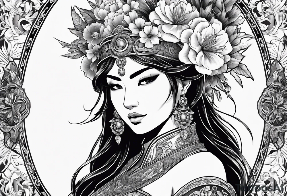 ornate beautiful woman warrior with weapon & floral arch background tattoo from head to torso tattoo idea