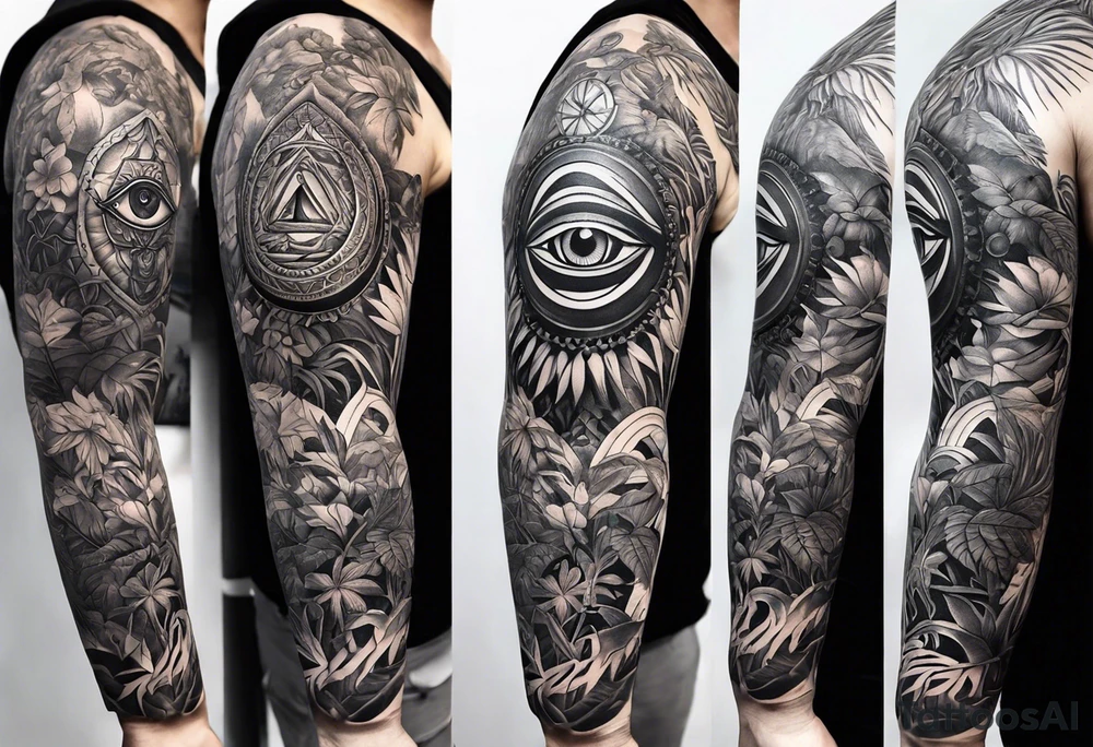 full sleeve tattoo with jungle plants and the all-seeing eye tattoo idea