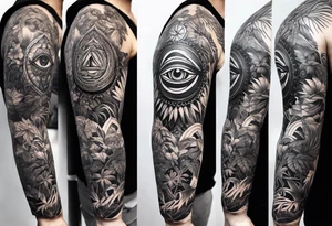 full sleeve tattoo with jungle plants and the all-seeing eye tattoo idea