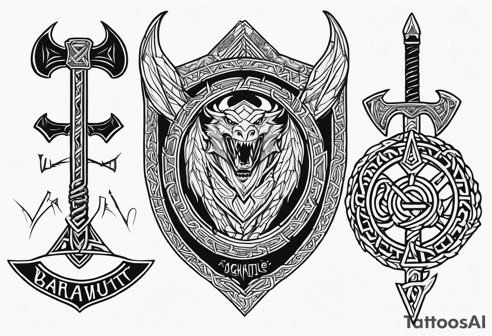 Valhalla sword shield dragon axe Valknut barbed wire chains tattoo idea Valhalla sword shield dragon axe Valknut barbed wire chains tattoo idea
