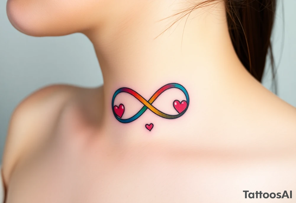 infinity symbol in rainbow colors and hearts at its ending tattoo idea