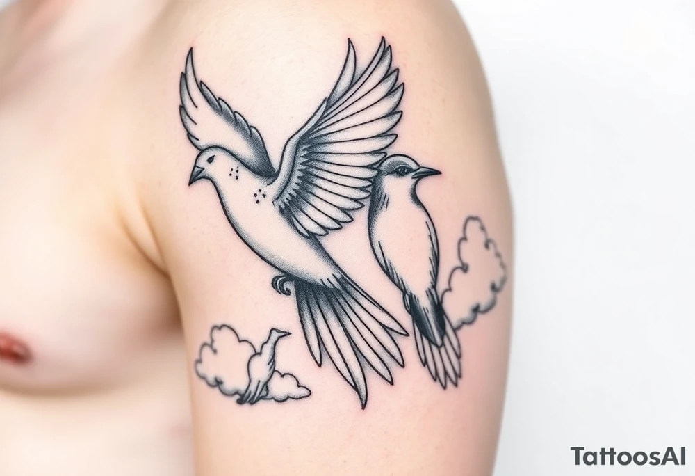 Dove and a blue jay, clouds, shining light to or from heaven tattoo idea