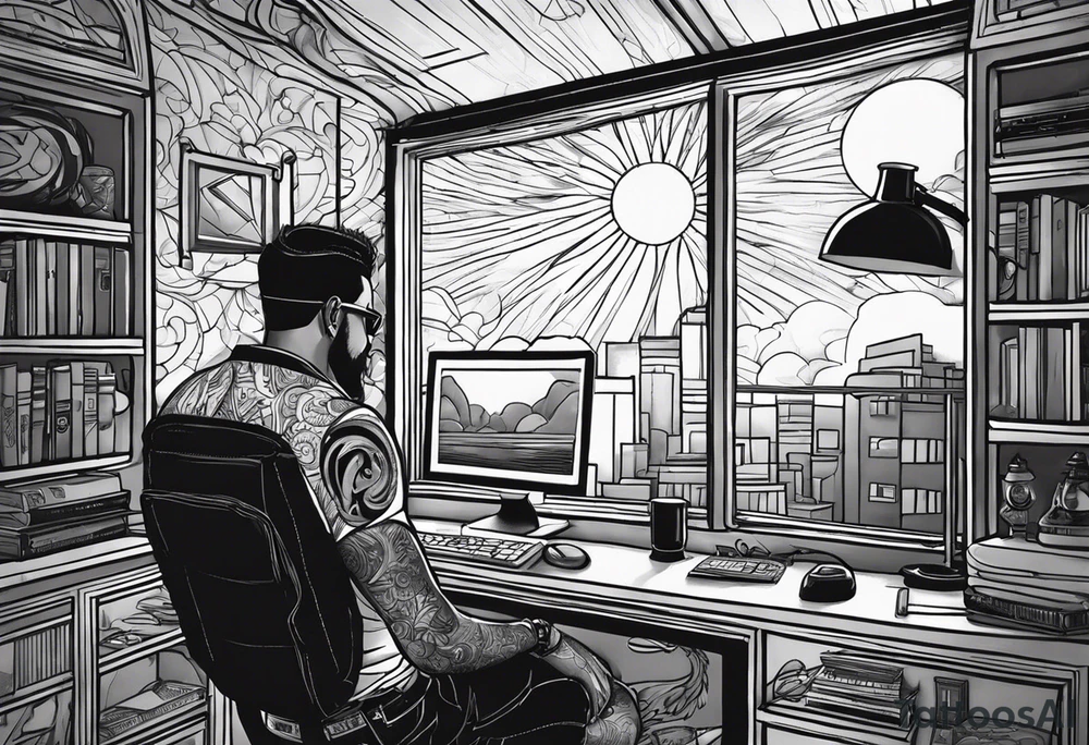 Its Night, Man behind computer in his room on windows are sun blockers, night lights come through sun blockers with ciggarete in his mouth tattoo idea