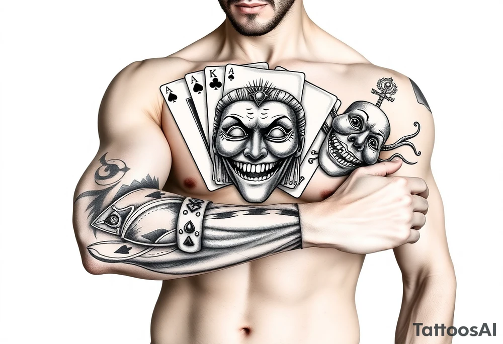 5 card hand,  Gemini twins, and a happy mask getting pulled off tattoo idea