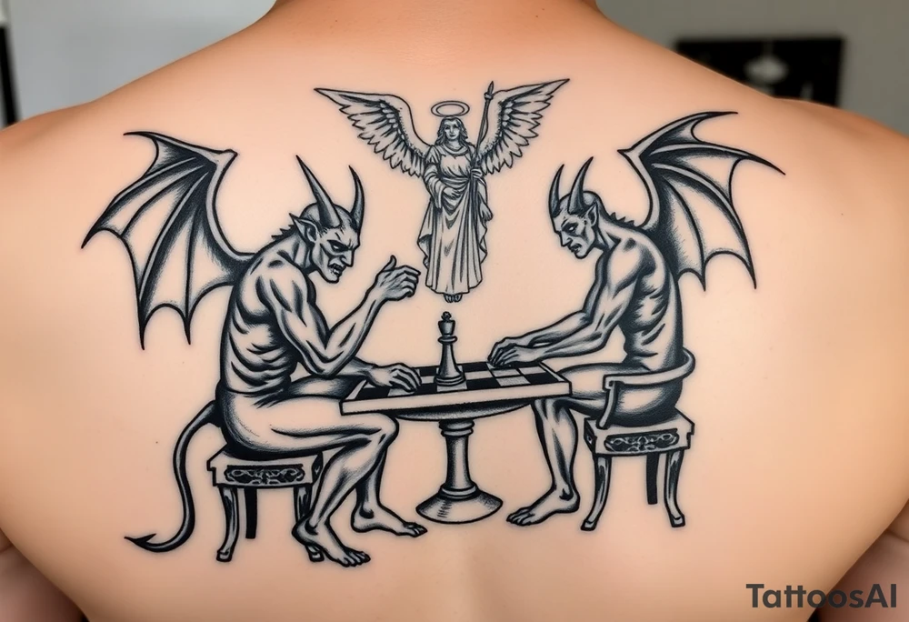 devil and angel playing chess in black. Make them seem like people and not animals. Sitting on chairs with an angel watching tattoo idea