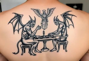 devil and angel playing chess in black. Make them seem like people and not animals. Sitting on chairs with an angel watching tattoo idea
