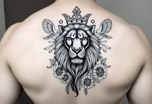 powerful majestic lion with a crown, surrounded by floral ornaments and birds tattoo idea