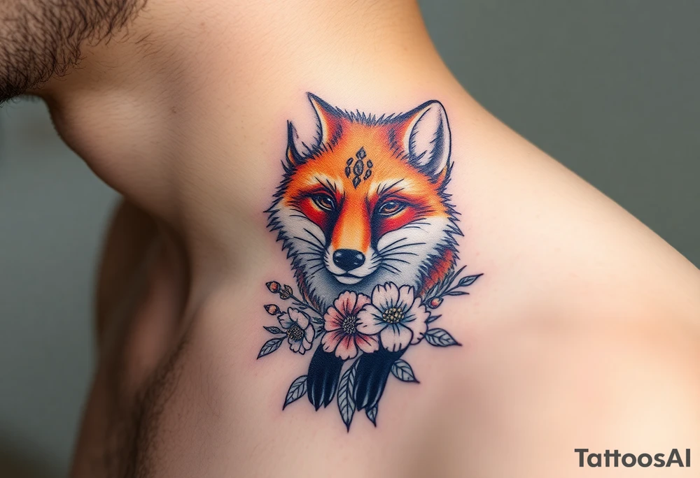 adult fox with jewelry smelling wild flowers tattoo idea