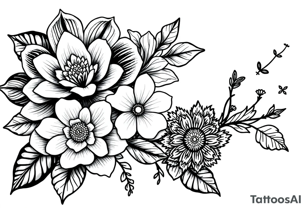 floral composition with japanese vibe, mutiple ornemental patern and leaf, dot geometric ornement, lycoris tattoo idea