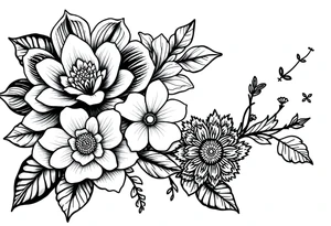 floral composition with japanese vibe, mutiple ornemental patern and leaf, dot geometric ornement, lycoris tattoo idea