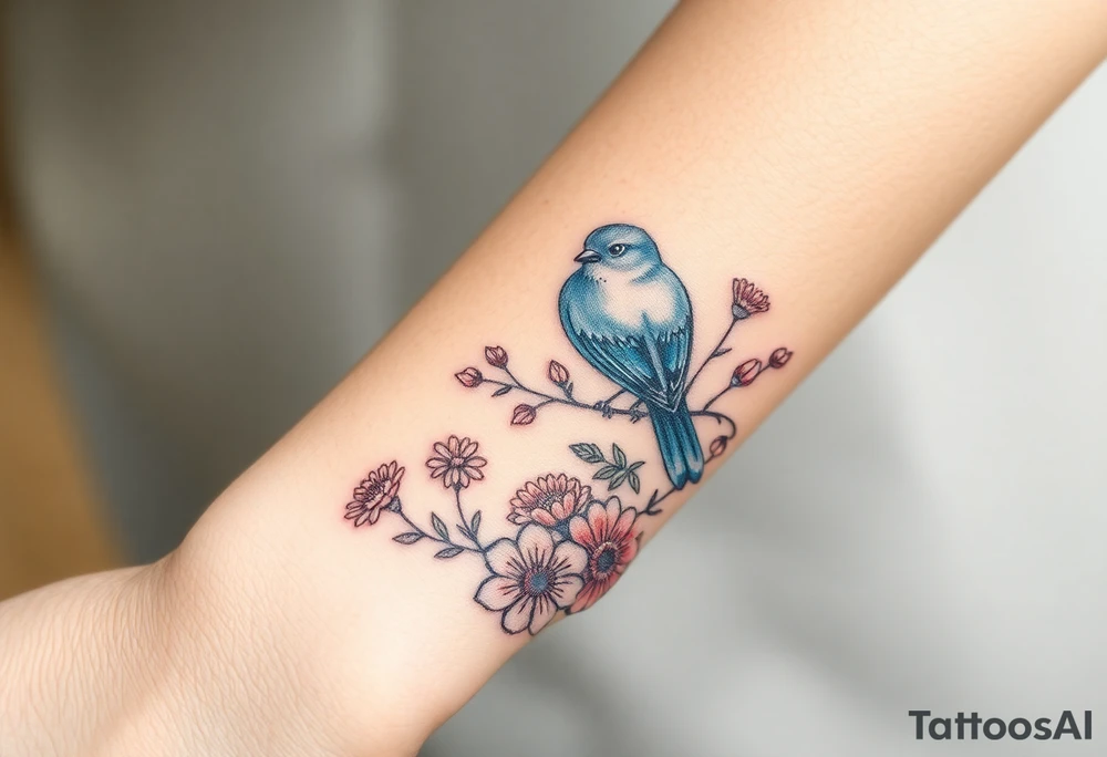 Puffy bluebird surrounded by wild flowers tattoo idea