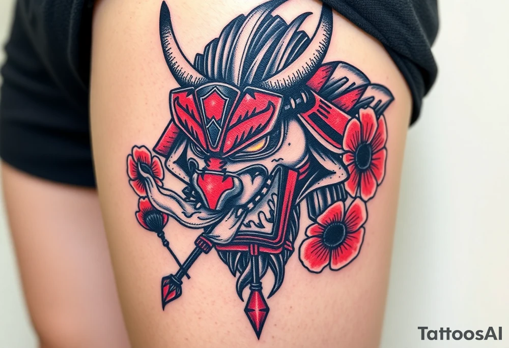 Rouge ronin with smoke coming out of its mouth with 11b tattooed under its left eye with 1 poppy on each side of the ronin tattoo idea