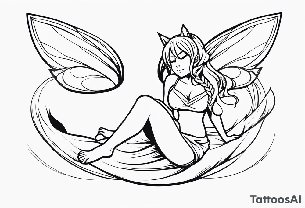 No color fairy with a tail inspired by the logo of the anime show called Fairy Tail in a fetal position leaning in and forward while in the air floating and sleeping tattoo idea
