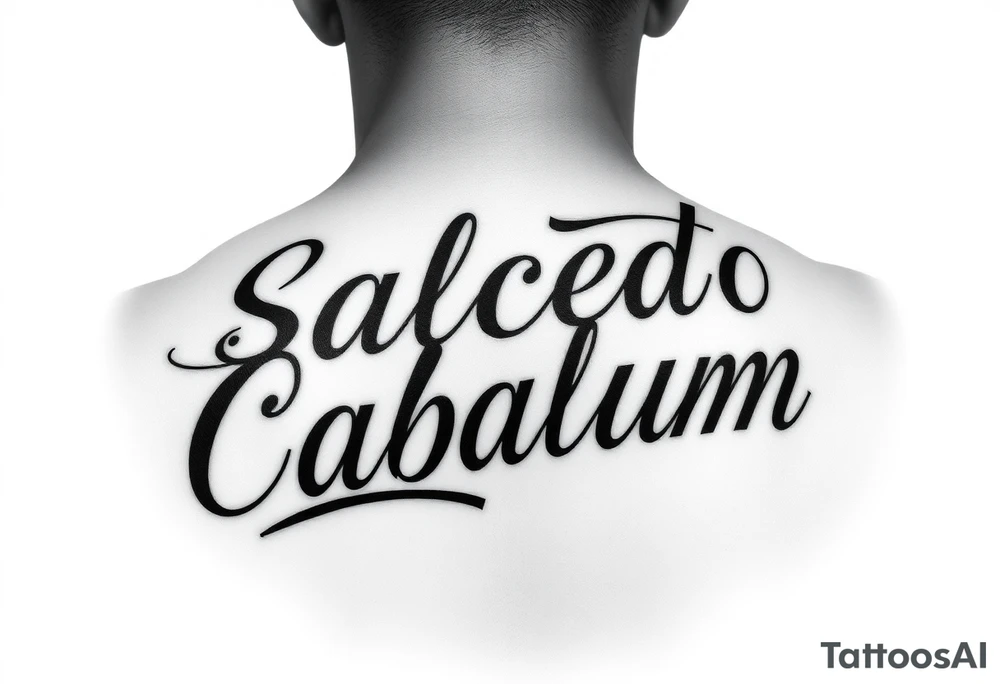 Script tattoo, LA Chicano style, style like alecki ramos the tattoo artist, I need it to say both my last names - Salcedo and Cabalum. One on top of the other. I need it to spread across the top half of my back, touching the top of shoulder blades. tattoo idea