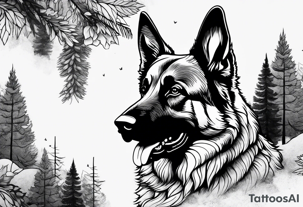 German shepherd in a forest sleeve tattoo tattoo idea