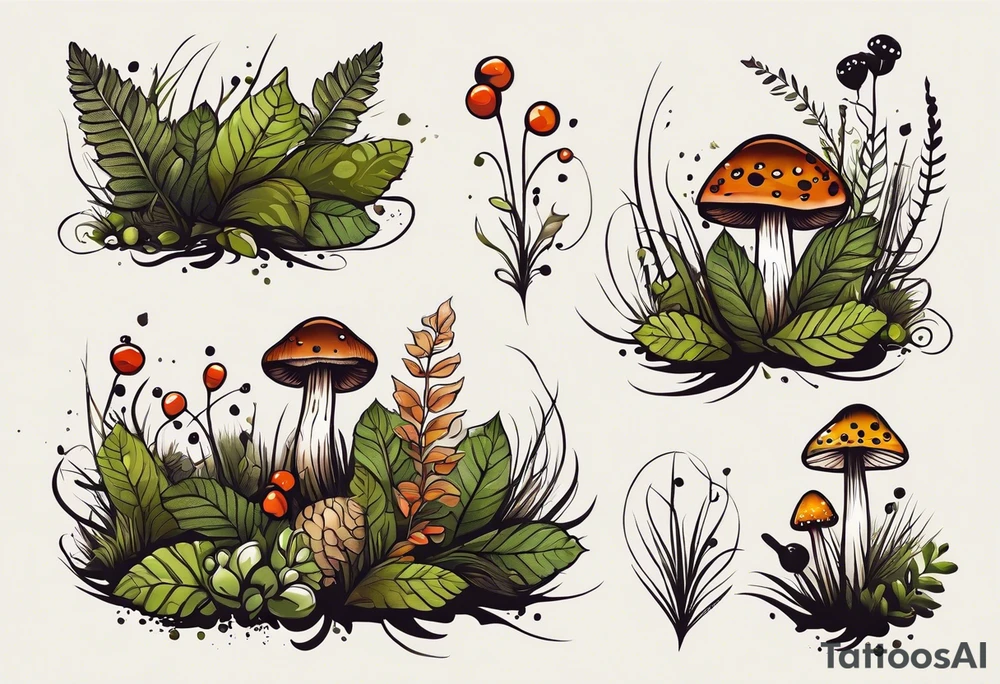 minimalistic forest floor inspired tattoo, which includes grass, moss, curly ferns and dead leaves as the bulk of the tattoo. details to include: forest berries, couple of very small brown mushrooms, a tiny bumblebee flying nearby tattoo idea