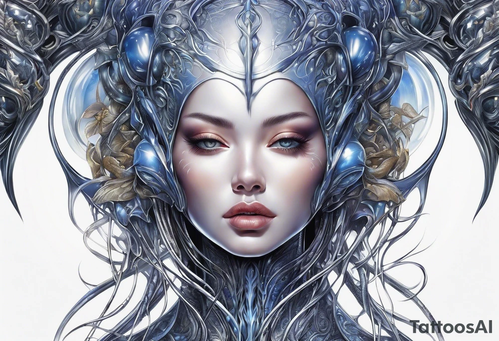 Hajime Sorayama type blended with HR Giger alien creatures with vines tattoo idea