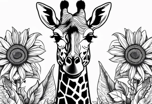 giraffe front view with sunflower and leafs tattoo idea