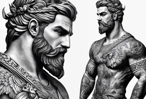 Greek or Roman mythology half sleeve  add some background and other things to make the person almost full or full height add background details men god tattoo idea